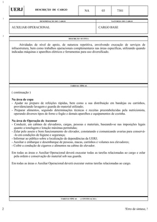 UERJ DESCRIÇÃO DE CARGO NA 03 7301
DENOMINAÇÃO DO CARGO NATUREZA DO CARGO
AUXILIAR OPERACIONAL CARGO BASE
DESCRIÇÃO SUCINTA
Atividades de nível de apoio, de natureza repetitiva, envolvendo execução de serviços de
infraestrutura, bem como trabalhos operacionais complementares nas áreas específicas, utilizando quando
indicadas máquinas e aparelhos elétricos e ferramentas para uso diversificado.
TAREFAS TÍPICAS
( continuação )
Na área de copa
- Ajudar no preparo de refeições rápidas, bem como a sua distribuição em bandejas ou carrinhos,
providenciando lavagem e guarda do material utilizado;
- Preparar alimentos, seguindo determinações técnicas e receitas preestabelecidas pela nutricionista,
operando diversos tipos de forno e fogão e demais aparelhos e equipamentos de cozinha.
Na área de Operação de Ascensor
- Conduzir, em cabines de elevadores, cargas, pessoas e materiais, baseando-se nas imposições legais
quanto a tonelagem e lotação máximas permitidas;
- Zelar pelo asseio e bom funcionamento do elevador, constatando e comunicando avarias para conservá-
-lo em condições de higiene e segurança;
- Informar ao público sobre a localização de dependências da UERJ;
- Auxiliar o embarque e desembarque de pessoas, macas, carrinhos e volumes nos elevadores;
- Coibir a condução de cigarros e alimentos na cabine do elevador.
Em todas as áreas o Auxiliar Operacional deverá executar todas as tarefas relacionadas ao cargo e zelar
pela ordem e conservação do material sob sua guarda.
Em todas as áreas o Auxiliar Operacional deverá executar outras tarefas relacionadas ao cargo.
TAREFAS TÍPICAS ( CONTINUAÇÃO )
!Erro de sintaxe, !
1
1
2
2
 