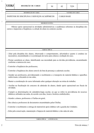 UERJ DESCRIÇÃO DE CARGO NI 02 7229
DENOMINAÇÃO DO CARGO NATUREZA DO CARGO
INSPETOR DE DISCIPLINA E SERVIÇOS ACADÊMICOS CARGO BASE
DESCRIÇÃO SUCINTA
Oferece apoio operacional às atividades administrativas e acadêmicas referentes às disciplinas dos
cursos e inspeciona a freqüência e a atitude do aluno no contexto escolar.
TAREFAS TÍPICAS
- Zelar pela disciplina dos alunos, observando o comportamento, advertindo-o quanto à conduta (se
necessário), encaminhando-o à coordenação de turno para ciência e avaliação do caso;
- Prestar assistência ao aluno, identificando sua necesidade para as devidas providências, encaminhando
conforme a natureza do caso;
- Controlar a freqüência dos professores;
- Controlar a freqüência dos alunos através da lista de presença e caderneta escolar;
- Atender aos professores, providenciando o recebimento e o transporte do material didático e aparelhos
audiovisuais, colocando-os nas salas;
- Manter a coordenação do curso informada sobre qualquer alteração na rotina do trabalho;
- Auxiliar na fiscalização do concurso de admissão de alunos, dando apoio operacional aos fiscais da
atividade;
- Cumprir as determinações do calendário/mapa escolar, no que se refere às providências de recursos
didáticos utilizados nas aulas, de acordo com dias, locais e horários estabelecidos;
- Atender a alunos, professores e Chefias em geral;
- Dar ciência a professores de documentos encaminhados pelas Chefias;
- Controlar o recebimento e entrega de material de apoio didático sob a guarda das Unidades;
- Zelar pela conservação, manutenção e limpeza do material didático e das salas de aula;
TAREFAS TÍPICAS ( CONTINUAÇÃO )
!Erro de sintaxe, !
1
1
2
2
 