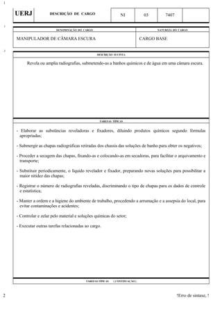 UERJ DESCRIÇÃO DE CARGO NI 03 7407
DENOMINAÇÃO DO CARGO NATUREZA DO CARGO
MANIPULADOR DE CÂMARA ESCURA CARGO BASE
DESCRIÇÃO SUCINTA
Revela ou amplia radiografias, submetendo-as a banhos químicos e de água em uma câmara escura.
TAREFAS TÍPICAS
- Elaborar as substâncias reveladoras e fixadores, diluindo produtos químicos segundo fórmulas
apropriadas;
- Submergir as chapas radiográficas retiradas dos chassis das soluções de banho para obter os negativos;
- Proceder a secagem das chapas, fixando-as e colocando-as em secadoras, para facilitar o arquivamento e
transporte;
- Substituir periodicamente, o líquido revelador e fixador, preparando novas soluções para possibilitar a
maior nitidez das chapas;
- Registrar o número de radiografias reveladas, discriminando o tipo de chapas para os dados de controle
e estatística;
- Manter a ordem e a higiene do ambiente de trabalho, procedendo a arrumação e a assepsia do local, para
evitar contaminações e acidentes;
- Controlar e zelar pelo material e soluções químicas do setor;
- Executar outras tarefas relacionadas ao cargo.
TAREFAS TÍPICAS ( CONTINUAÇÃO )
!Erro de sintaxe, !
1
1
2
2
 