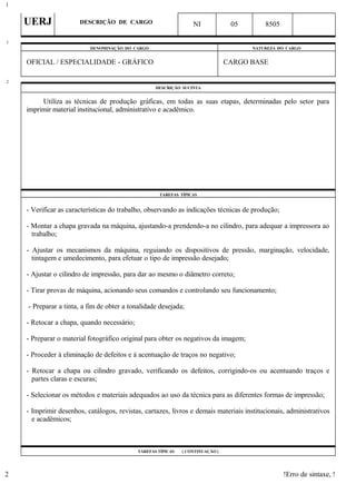 UERJ DESCRIÇÃO DE CARGO NI 05 8505
DENOMINAÇÃO DO CARGO NATUREZA DO CARGO
OFICIAL / ESPECIALIDADE - GRÁFICO CARGO BASE
DESCRIÇÃO SUCINTA
Utiliza as técnicas de produção gráficas, em todas as suas etapas, determinadas pelo setor para
imprimir material institucional, administrativo e acadêmico.
TAREFAS TÍPICAS
- Verificar as características do trabalho, observando as indicações técnicas de produção;
- Montar a chapa gravada na máquina, ajustando-a prendendo-a no cilindro, para adequar a impressora ao
trabalho;
- Ajustar os mecanismos da máquina, reguiando os dispositivos de pressão, marginação, velocidade,
tintagem e umedecimento, para efetuar o tipo de impressão desejado;
- Ajustar o cilindro de impressão, para dar ao mesmo o diâmetro correto;
- Tirar provas de máquina, acionando seus comandos e controlando seu funcionamento;
- Preparar a tinta, a fim de obter a tonalidade desejada;
- Retocar a chapa, quando necessário;
- Preparar o material fotográfico original para obter os negativos da imagem;
- Proceder à eliminação de defeitos e à acentuação de traços no negativo;
- Retocar a chapa ou cilindro gravado, verificando os defeitos, corrigindo-os ou acentuando traços e
partes claras e escuras;
- Selecionar os métodos e materiais adequados ao uso da técnica para as diferentes formas de impressão;
- Imprimir desenhos, catálogos, revistas, cartazes, livros e demais materiais institucionais, administrativos
e acadêmicos;
TAREFAS TÍPICAS ( CONTINUAÇÃO )
!Erro de sintaxe, !
1
1
2
2
 