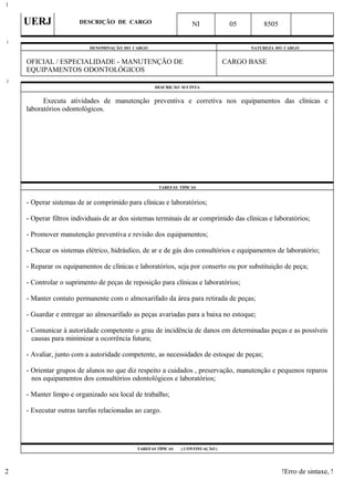 UERJ DESCRIÇÃO DE CARGO NI 05 8505
DENOMINAÇÃO DO CARGO NATUREZA DO CARGO
OFICIAL / ESPECIALIDADE - MANUTENÇÃO DE
EQUIPAMENTOS ODONTOLÓGICOS
CARGO BASE
DESCRIÇÃO SUCINTA
Executa atividades de manutenção preventiva e corretiva nos equipamentos das clínicas e
laboratórios odontológicos.
TAREFAS TÍPICAS
- Operar sistemas de ar comprimido para clínicas e laboratórios;
- Operar filtros individuais de ar dos sistemas terminais de ar comprimido das clínicas e laboratórios;
- Promover manutenção preventiva e revisão dos equipamentos;
- Checar os sistemas elétrico, hidráulico, de ar e de gás dos consultórios e equipamentos de laboratório;
- Reparar os equipamentos de clínicas e laboratórios, seja por conserto ou por substituição de peça;
- Controlar o suprimento de peças de reposição para clínicas e laboratórios;
- Manter contato permanente com o almoxarifado da área para retirada de peças;
- Guardar e entregar ao almoxarifado as peças avariadas para a baixa no estoque;
- Comunicar à autoridade competente o grau de incidência de danos em determinadas peças e as possíveis
causas para minimizar a ocorrência futura;
- Avaliar, junto com a autoridade competente, as necessidades de estoque de peças;
- Orientar grupos de alunos no que diz respeito a cuidados , preservação, manutenção e pequenos reparos
nos equipamentos dos consultórios odontológicos e laboratórios;
- Manter limpo e organizado seu local de trabalho;
- Executar outras tarefas relacionadas ao cargo.
TAREFAS TÍPICAS ( CONTINUAÇÃO )
!Erro de sintaxe, !
1
1
2
2
 