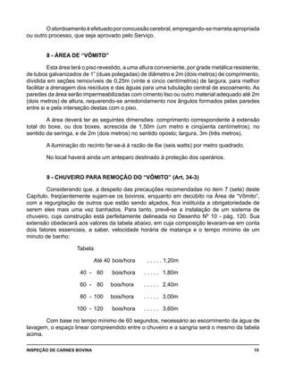 INSPEÇÃO DE CARNES BOVINA 	 15
Oatordoamentoéefetuadoporconcussãocerebral,empregando-semarretaapropriada
ou outro processo, que seja aprovado pelo Serviço.
8 - ÁREA DE “VÔMITO”
Esta área terá o piso revestido, a uma altura conveniente, por grade metálica resistente,
de tubos galvanizados de 1” (duas polegadas) de diâmetro e 2m (dois metros) de comprimento,
dividida em seções removíveis de 0,25m (vinte e cinco centímetros) de largura, para melhor
facilitar a drenagem dos resíduos e das águas para uma tubulação central de escoamento. As
paredes da área serão impermeabilizadas com cimento liso ou outro material adequado até 2m
(dois metros) de altura, requerendo-se arredondamento nos ângulos formados pelas paredes
entre si e pela interseção destas com o piso.
A área deverá ter as seguintes dimensões: comprimento correspondente à extensão
total do boxe, ou dos boxes, acrescida de 1,50m (um metro e cinqüenta centímetros), no
sentido da seringa, e de 2m (dois metros) no sentido oposto; largura, 3m (três metros).
A iluminação do recinto far-se-á à razão de 6w (seis watts) por metro quadrado.
No local haverá ainda um anteparo destinado à proteção dos operários.
9 - CHUVEIRO PARA REMOÇÃO DO “VÔMITO” (Art. 34-3)
Considerando que, a despeito das precauções recomendadas no item 7 (sete) deste
Capítulo, freqüentemente sujam-se os bovinos, enquanto em decúbito na Área de “Vômito”,
com a regurgitação de outros que estão sendo alçados, fica instituída a obrigatoriedade de
serem eles mais uma vez banhados. Para tanto, prevê-se a instalação de um sistema de
chuveiro, cuja construção está perfeitamente delineada no Desenho Nº 10 - pág. 120. Sua
extensão obedecerá aos valores da tabela abaixo, em cuja composição levaram-se em conta
dois fatores essenciais, a saber, velocidade horária de matança e o tempo mínimo de um
minuto de banho:
		 Tabela:
		 Até 40	bois/hora	 . . . . . 1,20m
		 40 -	 60	 bois/hora	 . . . . .	 1,80m
		 60 -	 80	 bois/hora	 . . . . .	 2,40m
		 80 -	 100	 bois/hora	 . . . . .	 3,00m
		 100 -	 120	 bois/hora	 . . . . .	 3,60m
Com base no tempo mínimo de 60 segundos, necessário ao escorrimento da água de
lavagem, o espaço linear compreendido entre o chuveiro e a sangria será o mesmo da tabela
acima.
 