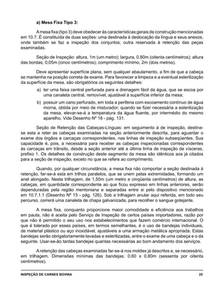 INSPEÇÃO DE CARNES BOVINA 	 25
a) Mesa Fixa Tipo 3:
Amesa fixa (tipo 3) deve obedecer às características gerais de construção mencionadas
em 10.7. É constituída de duas seções: uma destinada à deslocação da língua e seus anexos,
onde também se faz a inspeção dos conjuntos; outra reservada à retenção das peças
examinadas.
Seção de Inspeção: altura, 1m (um metro); largura, 0,80m (oitenta centímetros); altura
das bordas, 0,05m (cinco centímetros); comprimento mínimo, 2m (dois metros).
Deve apresentar superfície plana, sem qualquer abaulamento, a fim de que a cabeça
se mantenha na posição correta de exame. Para favorecer a limpeza e a eventual esterilização
da superfície da mesa, são obrigatórios os seguintes detalhes:
a) 	ter uma faixa central perfurada para a drenagem fácil da água, que se escoa por
uma canaleta central, removível, ajustável à superfície inferior da mesa;
b) 	possuir um cano perfurado, em toda a periferia com escoamento contínuo de água
morna, obtida por meio de misturador; quando se fizer necessária a esterilização
da mesa, elevar-se-á a temperatura da água fluente, por intermédio do mesmo
aparelho. Vide Desenho Nº 18 - pág. 131.
Seção de Retenção das Cabeças-Línguas: em seguimento à de inspeção, destina-
se esta a reter as cabeças examinadas na seção anteriormente descrita, para aguardar o
exame dos órgãos e carcaças correspondentes, nas linhas de inspeção subseqüentes. Sua
capacidade é, pois, a necessária para receber as cabeças inspecionadas correspondentes
às carcaças em trânsito, desde a seção anterior até a última linha de inspeção de vísceras,
prefixo 1. Os detalhes de construção deste segmento da mesa são idênticos aos já citados
para a seção de inspeção, exceto no que se refere ao comprimento.
Quando, por qualquer circunstância, a mesa fixa não comportar a seção destinada à
retenção, far-se-á esta em trilhos paralelos, que se unem pelas extremidades, formando um
anel alongado. Nesta trilhagem, de 1,50m (um metro e cinqüenta centímetros) de altura, as
cabeças, em quantidade correspondente ao que ficou expresso em linhas anteriores, serão
dependuradas pela região mentoniana e separadas entre si pelo dispositivo mencionado
em 10.7.1.1 (Desenho Nº 15 - pág. 126). Sob a trilhagem anular aqui referida, em todo seu
percurso, correrá uma canaleta de chapa galvanizada, para recolher o sangue gotejante.
A mesa fixa, conquanto proporcione maior comodidade e eficiência aos trabalhos
em pauta, não é aceita pelo Serviço de Inspeção de certos países importadores, razão por
que não é permitido o seu uso nos estabelecimentos que fazem comércio internacional. O
que é tolerado por esses países, em termos semelhantes, é o uso de bandejas individuais,
de material plástico ou aço inoxidável, ajustáveis a uma armação metálica apropriada. Estas
bandejas serão obrigatoriamente lavadas e esterilizadas, entre o exame de uma cabeça e o da
seguinte. Usar-se-ão tantas bandejas quantas necessárias ao bom andamento dos serviços.
A retenção das cabeças examinadas far-se-á nos moldes já descritos e, se necessário,
em trilhagem. Dimensões mínimas das bandejas: 0,60 x 0,80m (sessenta por oitenta
centímetros).
 