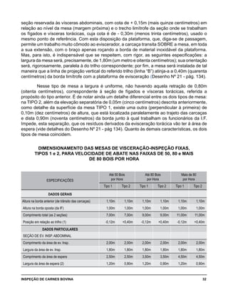 INSPEÇÃO DE CARNES BOVINA 	 32
seção reservada às vísceras abdominais, com cota de + 0,15m (mais quinze centímetros) em
relação ao nível da mesa (margem próxima) e o trecho limítrofe da seção onde se trabalham
os fígados e vísceras torácicas, cuja cota é de - 0,30m (menos trinta centímetros), usado o
mesmo ponto de referência. Com esta disposição da plataforma, que, diga-se de passagem,
permite um trabalho muito cômodo ao eviscerador, a carcaça transita SOBRE a mesa, em toda
a sua extensão, com o braço apenas roçando a borda de material inoxidável da plataforma.
Mas, para isto, é indispensável que se respeitem, com rigor, as seguintes especificações: a
largura da mesa será, precisamente, de 1,80m (um metro e oitenta centímetros); sua orientação
será, rigorosamente, paralela à do trilho correspondente; por fim, a mesa será instalada de tal
maneira que a linha de projeção vertical do referido trilho (linha “B”) atinja-a a 0,40m (quarenta
centímetros) da borda limítrofe com a plataforma de evisceração (Desenho Nº 21 - pág. 134).
Nesse tipo de mesa a largura é uniforme, não havendo aquela retração de 0,80m
(oitenta centímetros), correspondente à seção de fígados e vísceras torácicas, referida a
propósito do tipo anterior. É de notar ainda um detalhe diferencial entre os dois tipos de mesa:
na TIPO 2, além da elevação separatória de 0,05m (cinco centímetros) descrita anteriormente,
como detalhe da superfície da mesa TIPO 1, existe uma outra (perpendicular à primeira) de
0,10m (dez centímetros) de altura, que está localizada paralelamente ao trajeto das carcaças
e dista 0,90m (noventa centímetros) da borda junto à qual trabalham os funcionários da I.F.
Impede, esta separação, que os resíduos derivados da evisceração torácica vão ter à área de
espera (vide detalhes do Desenho Nº 21 - pág 134). Quanto às demais características, os dois
tipos de mesa coincidem.
DIMENSIONAMENTO DAS MESAS DE VISCERAÇÃO-INSPEÇÃO FIXAS,
TIPOS 1 e 2, PARA VELOCIDADE DE ABATE NAS FAIXAS DE 50, 80 e MAIS
DE 80 BOIS POR HORA
ESPECIFICAÇÕES
Até 50 Bois
por Hora
Até 80 Bois
por Hora
Mais de 80
por Hora
Tipo 1 Tipo 2 Tipo 1 Tipo 2 Tipo 1 Tipo 2
DADOS GERAIS
Altura na borda anterior (de trânsito das carcaças) 1,10m 1,10m 1,10m 1,10m 1,10m 1,10m
Altura na borda oposta (da IF) 1,00m 1,00m 1,00m 1,00m 1,00m 1,00m
Comprimento total (as 2 seções) 7,00m 7,00m 9,00m 9,00m 11,00m 11,00m
Posição em relação ao trilho (1) -0,12m +0,40m -0,12m +0,40m -0,12m +0,40m
DADOS PARTICULARES
SEÇÃO DE EV. INSP. ABDOMINAL
Comprimento da área de ev. Insp. 2,00m 2,00m 2,00m 2,00m 2,00m 2,00m
Largura da área de ev. Insp. 1,80m 1,80m 1,80m 1,80m 1,80m 1,80m
Comprimento da área de espera 2,50m 2,50m 3,50m 3,50m 4,50m 4,50m
Largura da área de espera (2) 1,20m 0,90m 1,20m 0,90m 1,20m 0,90m
 