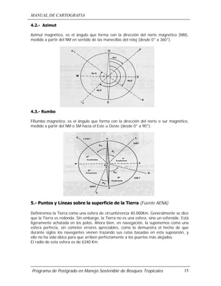 MANUAL DE CARTOGRAFIA
Programa de Postgrado en Manejo Sostenible de Bosques Tropicales 15
4.2.- Azimut
Azimut magnético, es el ángulo que forma con la dirección del norte magnético (NM),
medido a partir del NM en sentido de las manecillas del reloj (desde 0° a 360°).
4.3.- Rumbo
FRumbo magnético, es el ángulo que forma con la dirección del norte o sur magnético,
medido a partir del NM o SM hacia el Este u Oeste (desde 0° a 90°).
5.- Puntos y Líneas sobre la superficie de la Tierra (Fuente AENA)
Definiremos la Tierra como una esfera de circunferencia 40.000Km. Generalmente se dice
que la Tierra es redonda. Sin embargo, la Tierra no es una esfera, sino un esferoide. Está
ligeramente achatada en los polos. Ahora bien, en navegación, la suponemos como una
esfera perfecta, sin cometer errores apreciables, como lo demuestra el hecho de que
durante siglos los navegantes vienen trazando sus rutas basadas en esta suposición, y
ello no ha sido óbice para que arriben perfectamente a los puertos más alejados.
El radio de esta esfera es de 6340 Km.
 