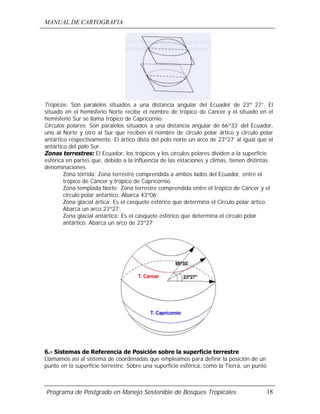 MANUAL DE CARTOGRAFIA
Programa de Postgrado en Manejo Sostenible de Bosques Tropicales 18
Trópicos: Son paralelos situados a una distancia angular del Ecuador de 23º 27’’. El
situado en el hemisferio Norte recibe el nombre de trópico de Cáncer y el situado en el
hemisferio Sur se llama trópico de Capricornio.
Círculos polares: Son paralelos situados a una distancia angular de 66º33’ del Ecuador,
uno al Norte y otro al Sur que reciben el nombre de circulo polar ártico y circulo polar
antártico respectivamente. El ártico dista del polo norte un arco de 23º27’ al igual que el
antártico del polo Sur.
Zonas terrestres: El Ecuador, los trópicos y los círculos polares dividen a la superficie
esférica en partes que, debido a la influencia de las estaciones y climas, tienen distintas
denominaciones.
Zona tórrida: Zona terrestre comprendida a ambos lados del Ecuador, entre el
trópico de Cáncer y trópico de Capricornio.
Zona templada Norte: Zona terrestre comprendida entre el trópico de Cáncer y el
circulo polar antártico. Abarca 43º06’.
Zona glacial ártica: Es el casquete esférico que determina el Circulo polar ártico.
Abarca un arco 23º27’.
Zona glacial antártica: Es el casquete esférico que determina el circulo polar
antártico. Abarca un arco de 23º27’
6.- Sistemas de Referencia de Posición sobre la superficie terrestre
Llamamos así al sistema de coordenadas que empleamos para definir la posición de un
punto en la superficie terrestre. Sobre una superficie esférica, como la Tierra, un punto
 