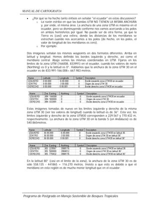 MANUAL DE CARTOGRAFIA
Programa de Postgrado en Manejo Sostenible de Bosques Tropicales
• ¿Por qué se ha hecho tanto énfasis en señalar "el ecuador" en estas discusiones?
o La razón estriba en que las bandas UTM NO TIENEN LA MISMA ANCHURA
y, por ende, el misma área. La anchura de una zona UTM es máxima en el
ecuador, pero va disminuyendo conforme nos vamos acercando a los polos
en ambos hemisferios por igual. No puede ser de otra forma, ya que la
Tierra es (casi) una esfera, donde las distancias de los meridianos se
estrechan cuando nos acercamos a los polos (de hecho, en los polos, el
valor de longitud de los meridianos es cero).
o Por ejemplo:
Dos imágenes señalan los mismos waypoints en dos formatos diferentes. Arriba en
latitud y longitud. Hemos definido los bordes izquierdo y derecho, así como el
meridiano central. Abajo vemos las mismas coordenadas en UTM. Fijaros en los
límites de la zona UTM (166008, 833991) en el ecuador, cuando los valores de norte
(Northing) es 0 y la latitud es 0°. Hablamos que la anchura de la zona UTM 30 en el
ecuador es de 833.991-166.008= 667.983 metros.
Estas imágenes tomadas de nuevo en los límites izquierdo y derecho de la misma
zona UTM 30 (ver los valores de longitud) cuando la latitud es de 36°. Esta vez, los
límites izquierdo y derecho de la zona UTM30 corresponden a 229.567 y 770.432 m,
respectivamente. La anchura de la zona UTM 30 en la banda S (en Andalucía) es de
540.865metros.
En la latitud 80° (casi en el límite de la zona), la anchura de la zona UTM 30 es de
sólo 558.135 - 441865 = 116.270 metros. Insisto a que esto es debido a que el
meridiano en esta región es de mucha menor longitud que en el ecuador.
 