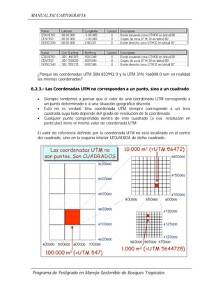 MANUAL DE CARTOGRAFIA
Programa de Postgrado en Manejo Sostenible de Bosques Tropicales
¿Porqué las coordenadas UTM 30N 833992 0 y la UTM 31N 166008 0 son en realidad
las mismas coordenadas?
6.2.3.- Las Coordenadas UTM no corresponden a un punto, sino a un cuadrado
• Siempre tendemos a pensar que el valor de una coordenada UTM corresponde a
un punto determinado o a una situación geográfica discreta.
• Esto no es verdad. Una coordenada UTM siempre corresponde a un área
cuadrada cuyo lado depende del grado de resolución de la coordenada.
• Cualquier punto comprendido dentro de este cuadrado (a esa resolución en
particular) tiene el mismo valor de coordenada UTM.
El valor de referencia definido por la coordenada UTM no está localizado en el centro
del cuadrado, sino en la esquina inferior IZQUIERDA de dicho cuadrado.
 