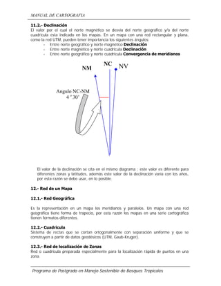 MANUAL DE CARTOGRAFIA
Programa de Postgrado en Manejo Sostenible de Bosques Tropicales
11.2.- Declinación
El valor por el cual el norte magnético se desvía del norte geográfico y/o del norte
cuadricula esta indicado en los mapas. En un mapa con una red rectangular y plana,
como la red UTM, pueden tener importancia los siguientes ángulos:
- Entre norte geográfico y norte magnético Declinación
- Entre norte magnético y norte cuadricula Declinación
- Entre norte geográfico y norte cuadricula Convergencia de meridianos
El valor de la declinación se cita en el mismo diagrama ; este valor es diferente para
diferentes zonas y latitudes, además este valor de la declinación varía con los años,
por esta razón se debe usar, en lo posible.
12.- Red de un Mapa
12.1.- Red Geográfica
Es la representación en un mapa los meridianos y paralelos. Un mapa con una red
geográfica tiene forma de trapecio, por esta razón los mapas en una serie cartográfica
tienen formatos diferentes.
12.2.- Cuadricula
Sistema de rectas que se cortan ortogonalmente con separación uniforme y que se
construyen a partir de datos geodésicos (UTM, Gaub-Kruger).
12.3.- Red de localización de Zonas
Red o cuadrícula preparada especialmente para la localización rápida de puntos en una
zona.
NC
NM NV
Angulo NC-NM
4 o
30’
 