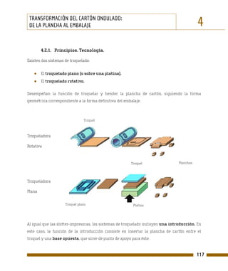 TRANSFORMACIÓN DEL CARTÓN ONDULADO:
 DE LA PLANCHA AL EMBALAJE                                                                  4
        4.2.1. Principios. Tecnología.

Existen dos sistemas de troquelado:


   ●    El troquelado plano (o sobre una platina).
   ●    El troquelado rotativo.

Desempeñan la función de troquelar y hender la plancha de cartón, siguiendo la forma
geométrica correspondiente a la forma definitiva del embalaje.



                                Troquel



Troqueladora

Rotativa



                                                        Troquel                  Planchas




Troqueladora

Plana


                     Troquel plano                       Platina




Al igual que las slotter-impresoras, los sistemas de troquelado incluyen una introducción. En
este caso, la función de la introducción consiste en insertar la plancha de cartón entre el
troquel y una base opuesta, que sirve de punto de apoyo para éste.


                                                                                            117
 