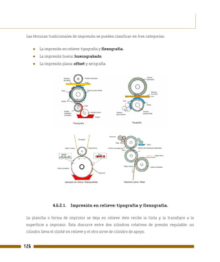 Las técnicas tradicionales de impresión se pueden clasificar en tres categorías:


      ●   La impresión en relieve: tipografía y flexografía.
      ●   La impresión hueca: huecograbado.
      ●   La impresión plana: offset y serigrafía.




                 4.6.2.1. Impresión en relieve: tipografía y flexografía.

 La plancha o forma de imprimir se deja en relieve: éste recibe la tinta y la transfiere a la
 superficie a imprimir. Esta discurre entre dos cilindros rotativos de presión regulable; un
 cilindro lleva el cliché en relieve y el otro sirve de cilindro de apoyo.


126
 