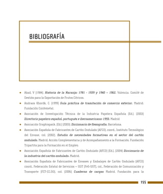 BIBLIOGRAFÍA




●   Abad, V (1984). Historia de la Naranja: 1781 - 1939 y 1940 – 1962. Valencia. Comité de
    Gestión para la Exportación de Frutos Cítricos.
●   Andraos Khordk, C. (1999) Guía práctica de tramitación de comercio exterior. Madrid.
    Fundación Confemetal.
●   Asociación de Investigación Técnica de la Industria Papelera Española (Ed.). (2003)
    Directorio papelero español, portugués e iberoamericano: 1993. Madrid
●   Asociación Graphispack. (Ed.) (2003). Diccionario de flexografía. Barcelona.
●   Asociación Española de Fabricantes de Cartón Ondulado (AFCO), coord., Instituto Tecnológico
    del Envase, col. (2002). Estudio de necesidades formativas en el sector del cartón
    ondulado. Madrid. Acción Complementaria y de Acompañamiento a la Formación. Fundación
    Tripartita para la Formación en el Empleo.
●   Asociación Española de Fabricantes de Cartón Ondulado (AFCO) (Ed.). (2004) Diccionario de
    la industria del cartón ondulado. Madrid.
●   Asociación Española de Fabricantes de Envases y Embalajes de Cartón Ondulado (AFCO)
    coord., Federación Estatal de Servicios – UGT (FeS-UGT), col., Federación de Comunicación y
    Transporte (FCT-CC.OO), col. (2006) Cuaderno de cargas Madrid. Fundación para la


                                                                                            155
 