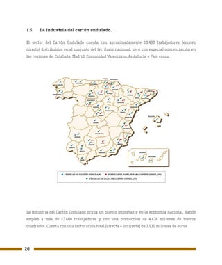 1.5.   La industria del cartón ondulado.

El sector del Cartón Ondulado cuenta con aproximadamente 10.400 trabajadores (empleo
directo) distribuidos en el conjunto del territorio nacional, pero con especial concentración en
las regiones de, Cataluña, Madrid, Comunidad Valenciana, Andalucía y País vasco.




La industria del Cartón Ondulado ocupa un puesto importante en la economía nacional, dando
empleo a más de 23.600 trabajadores y con una producción de 4.438 millones de metros
cuadrados. Cuenta con una facturación total (directa + indirecta) de 3.535 millones de euros.




20
 