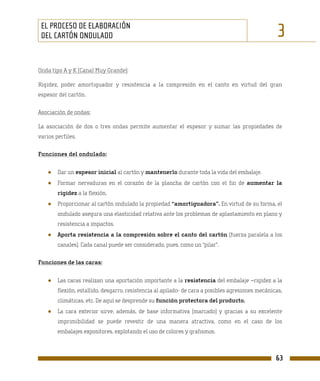 EL PROCESO DE ELABORACIÓN
 DEL CARTÓN ONDULADO                                                                               3
Onda tipo A y K (Canal Muy Grande):

Rigidez, poder amortiguador y resistencia a la compresión en el canto en virtud del gran
espesor del cartón.

Asociación de ondas:

La asociación de dos o tres ondas permite aumentar el espesor y sumar las propiedades de
varios perfiles.

Funciones del ondulado:


    ●   Dar un espesor inicial al cartón y mantenerlo durante toda la vida del embalaje.
    ●   Formar nervaduras en el corazón de la plancha de cartón con el fin de aumentar la
        rigidez a la flexión.
    ●   Proporcionar al cartón ondulado la propiedad “amortiguadora”. En virtud de su forma, el
        ondulado asegura una elasticidad relativa ante los problemas de aplastamiento en plano y
        resistencia a impactos.
    ●   Aporta resistencia a la compresión sobre el canto del cartón (fuerza paralela a los
        canales). Cada canal puede ser considerado, pues, como un “pilar”.

Funciones de las caras:


    ●   Las caras realizan una aportación importante a la resistencia del embalaje –rigidez a la
        flexión, estallido, desgarro, resistencia al apilado- de cara a posibles agresiones mecánicas,
        climáticas, etc. De aquí se desprende su función protectora del producto.
    ●   La cara exterior sirve, además, de base informativa (marcado) y gracias a su excelente
        imprimibilidad se puede revestir de una manera atractiva, como en el caso de los
        embalajes expositores, explotando el uso de colores y grafismos.



                                                                                                   63
 