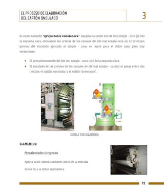 EL PROCESO DE ELABORACIÓN
 DEL CARTÓN ONDULADO                                                                          3
Se llama también “grupo doble encoladora”. Asegura la unión del (de los) simple - cara (s) con
la segunda cara, encolando las crestas de los canales del (de los) simple-cara (s). El principio
general del encolado aplicado al simple - cara, se repite para el doble cara, pero hay
variaciones.


   ●   El precalentamiento del (de los) simple - cara (s) y de la segunda cara.
   ●   El encolado de las crestas de los canales de (de los) simple - cara(s) al pasar entre dos
       rodillos: el rodillo encolador y el rodillo “prensador”.




                                         DOBLE ENCOLADORA

ELEMENTOS:

   Precalentador integrado.

   Aporta calor inmediatamente antes de la entrada

   de los SC a la doble encoladora.



                                                                                             79
 
