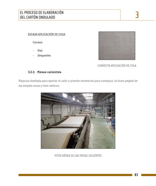 EL PROCESO DE ELABORACIÓN
 DEL CARTÓN ONDULADO                                                                      3
       ESCASA APLICACIÓN DE COLA:

           Causas:

           -   Gap.
           -   Desgastes.


                                                             CORRECTA APLICACIÓN DE COLA

       3.2.3. Mesas calientes.

Maquina diseñada para aportar el calor y presión necesarios para conseguir un buen pegado de
los simples caras y liner exterior.




                              VISTA AÉREA DE LAS MESAS CALIENTES




                                                                                         83
 