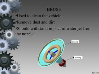 BRUSH
•Used to clean the vehicle.
•Remove dust and dirt
•Should withstand impact of water jet from
the nozzle
BRUSH
Bearing
 