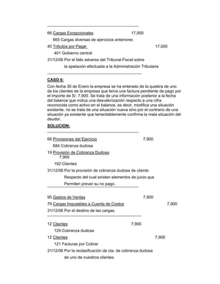 66 Cargas Excepcionales 17,000
665 Cargas diversas de ejercicios anteriores
40 Tributos por Pagar 17,000
401 Gobierno central
31/12/06 Por el fallo adverso del Tribunal Fiscal sobre
la apelación efectuada a la Administración Tributaria
CASO 6:
Con fecha 30 de Enero la empresa se ha enterado de la quiebra de uno
de los clientes de la empresa que tenía una factura pendiente de pago por
el importe de S/. 7,900. Se trata de una información posterior a la fecha
del balance que indica una desvalorización respecto a una cifra
reconocida como activo en el balance, es decir, modifica una situación
existente, no se trata de una situación nueva sino por el contrario de una
situación ya existente que lamentablemente confirma la mala situación del
deudor.
SOLUCION:
68 Provisiones del Ejercicio 7,900
684 Cobranza dudosa
19 Provisión de Cobranza Dudosa
7,900
192 Clientes
31/12/06 Por la provisión de cobranza dudosa de cliente
Respecto del cual existen elementos de juicio que
Permiten prever su no pago.
95 Gastos de Ventas 7,900
79 Cargas Imputables a Cuenta de Costos 7,900
31/12/06 Por el destino de las cargas.
12 Clientes 7,900
129 Cobranza dudosa
12 Clientes 7,900
121 Facturas por Cobrar
31/12/06 Por la reclasificación de cta. de cobranza dudosa
de uno de nuestros clientes
 