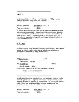 CASO 7:
La empresa Matthaus S.A. al 31 de Diciembre de 2006 presenta en
términos generales el siguiente ratio corriente:
Activos Corrientes S/. 656,400 = S/. 1.56
Pasivos Corrientes 420,000
Si dentro de las operaciones consideradas por la empresa se halla una
disminución del rubro Caja y Bancos como consecuencia del giro de un
cheque para la cancelación de una cuenta por pagar comercial por el
importe de S/. 18,000. ¿Cuál sería el efecto si el cheque girado no
hubiese sido cobrado en el siguiente período por falta de fondos en la
oportunidad de cobro?
SOLUCION:
Nos encontramos ante un suceso posterior, que obligaría a la empresa a
ajustar su activo y pasivo extornando el asiento por el cual se dio
cancelada la obligación de la siguiente manera:
10 Caja y Bancos 18,000
104 Cuentas Corrientes
42 Proveedores 18,000
421 Facturas por Pagar
31/12/06 Por el extorno de pago a proveedor por falta de
fondos en la cuenta corriente.
Uno de los efectos más importantes de este ajuste se refleja en el ratio
corriente, por el cual en el primer instante era 1.56, mientras que en el
segundo momento y definitivo se convertirá en 1.54, con lo cual es obvio
darse cuenta que la capacidad de la empresa para afrontar sus
obligaciones corrientes a disminuido un tanto.
Activos Corrientes S/. 674,400 = S/. 1.54
Pasivos Corrientes 438,000
 