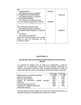 Caso Práctico 6
Calculo del Costo de Producción Sobre la Base de la Producción
Normal
La compañía El Pasador S.A. se dedica a la fabricación y venta de
calzado, con una producción normal de 1000 unidades mensuales; su
costo de producción normal de 1000 unidades mensuales; su costo de
producción para los meses de noviembre y diciembre incluye lo siguiente:
Noviembre Diciembre
Materia prima y suministros diversos
Mano de obra directa
Mano de obra indirecta
Gastos de fabricación variable (energía
eléctrica)
Fijos (incluye depreciación)
Cantidad en unidades producidas
Producción normal
S/. 6000
6000
1200
600
2400
1200
1000
S/. 3000
2400
1200
300
2400
500
1000
Se pide calcular el costo unitario para cada mes y determinar el efecto, en
resultado del costo no absorbido por la producción normal.
DE
EXISTENCIAS
294 Materias primas y auxiliares
61 VARIACION DE EXISTENCIA
614 Materias primas y auxiliares
24 MATERIAS PRIMAS
241 Almacén de materias primas
x/x por la salida a producción de la M.P.
-----------------------------x-------------------------
---
90 COSTO DE PRODUCCION
901 Materias primas y auxiliares
79 CARGAS IMPUTABLES A CUENTA
DE
COSTOS
791 Costo de producción
30/06 por la incorporación de la materia
prima al costo de producción de las
prendas de vestir
20000.00
20000.00
40000.00
20000.00
 