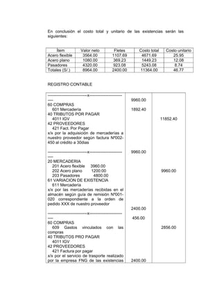 En conclusión el costo total y unitario de las existencias serán las
siguientes:
Ítem Valor neto Fletes Costo total Costo unitario
Acero flexible 3564.00 1107.69 4671.69 25.95
Acero plano 1080.00 369.23 1449.23 12.08
Pasadores 4320.00 923.08 5243.08 8.74
Totales (S/.) 8964.00 2400.00 11364.00 46.77
REGISTRO CONTABLE
-----------------------------x------------------------
----
60 COMPRAS
601 Mercadería
40 TRIBUTOS POR PAGAR
4011 IGV
42 PROVEEDORES
421 Fact. Por Pagar
x/x por la adquisición de mercaderías a
nuestro proveedor según factura Nº002-
450 al crédito a 30dias
-----------------------------x------------------------
----
20 MERCADERIA
201 Acero flexible 3960.00
202 Acero plano 1200.00
203 Pasadores 4800.00
61 VARIACION DE EXISTENCIA
611 Mercadería
x/x por las mercaderías recibidas en el
almacén según guía de remisión Nº001-
020 correspondiente a la orden de
pedido XXX de nuestro proveedor
-----------------------------x------------------------
----
60 COMPRAS
609 Gastos vinculados con las
compras
40 TRIBUTOS PRO PAGAR
4011 IGV
42 PROVEEDORES
421 Factura por pagar
x/x por el servicio de trasporte realizado
por la empresa FNG de las existencias
9960.00
1892.40
9960.00
2400.00
456.00
2400.00
11852.40
9960.00
2856.00
 