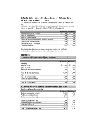 Cálculo del costo de Producción sobre la base de la
Producción Normal Caso 11
La Compañía El Pasador S.A. se dedica a la fabricación y venta de calzado, con
una
producción normal de 1000 unidades mensuales; su costo de producción para los
meses de noviembre y diciembre del año 2006 incluye lo siguiente:
Noviembre Diciembre
Materia prima y sum. Diversos S/. 6,000 S/. 3,000
Mano de obra directa 6,000 2,400
Mano de obra indirecta 1,200 1,200
Gastos de fabricación variables (energía eléctrica) 600 300
Fijos (incluye depreciaciones) 2,400 2,400
Cantidad en unid. Producidas 1,200 500
Producción Normal 1,000 1,000
Se pide calcular el costo unitario para cada mes y determinar el efecto,
en el resultado del costo no absorbido por la producción normal.
SOLUCION
I. Identificación de costos fijos y variables
Noviembre Diciembre
Variables
Materia Prima S/. 6,000 S/. 3,000
Mano de obra 6,000 2,400
Gastos de fabricación variables 600 300
——— ———
Total de Costos Variables 12,600 5,700
Fijos
Mano de obra indirecta 1,200 1,200
Gastos de fabricación fijos 2,400 2,400
——— ———
Total de Costos Fijos 3,600 3,600
II. Cálculo del costo unitario en concordancia con la NIC,
de obsorción del costo fijo
Noviembre Diciembre
Costo de producción variable 12,600 5,700
Producción real (unidades) 1,200 500
Costo variable unitario (A) 10.50 11.40
——— ———
Costo de producción fijo 3,600 3,600
Unidades de producción normal 1,000 1,000
Costo fijo unitario (B) 3.60 3.60
——— ———
Total Costo Unitario ( A + B ) 14.10 15.00
 