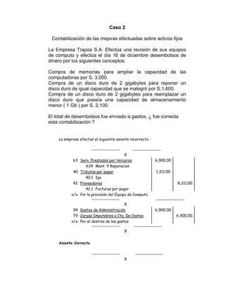 Caso 2
Contabilización de las mejoras efectuadas sobre activos fijos
La Empresa Trapos S.A. Efectúa una revisión de sus equipos
de computo y efectúa el día 16 de diciembre desembolsos de
dinero por los siguientes conceptos:
Compra de memorias para ampliar la capacidad de las
computadoras por S. 3,000.
Compra de un disco duro de 2 gigabytes para reponer un
disco duro de igual capacidad que se malogró por S.1,600.
Compra de un disco duro de 2 gigabytes para reemplazar un
disco duro que poseía una capacidad de almacenamiento
menor ( 1 Gb ) por S. 2,100.
El total de desembolsos fue enviado a gastos, ¿ fue correcta
esta contabilización ?
La empresa efectuó el siguiente asiento incorrecto :
X
63 Serv. Prestados por terceros 6,900.00
634 Mant. Y Reparacion
40 Tributos por pagar 1,311.00
40.1 Igv
42 Proveedores 8,211.00
42.1 Facturas por pagar
x/x Por la provisión del Equipo de Computo
X
94 Gastos de Administración 6,900.00
79 Cargas Imputables a Cta. De Costos 6,900.00
x/x Por el destino de los gastos
X
Asiento Correcto
X
 