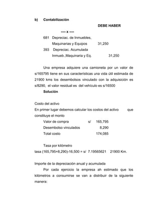 b) Contabilización
DEBE HABER
---- x ----
681 Depreciac. de Inmuebles,
Maquinarias y Equipos 31,250
393 Depreciac. Acumulada
Inmueb.,Maquinaria y Eq. 31,250
Una empresa adquiere una camioneta por un valor de
s/165795 tiene en sus características una vida útil estimada de
21900 kms los desembolsos vinculado con la adquisición es
s/8290, el valor residual es del vehículo es s/16500
Solución
Costo del activo
En primer lugar debemos calcular los costos del activo que
constituye el monto
Valor de compra s/ 165,795
Desembolso vinculados 8,290
Total costo 174,085
Tasa por kilómetro
tasa (165,795+8,290)-16,500 = s/ 7.19565621 21900 Km.
Importe de la depreciación anual y acumulada
Por cada ejercicio la empresa ah estimado que los
kilómetros a consumirse se van a distribuir de la siguiente
manera:
 