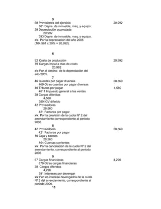 5
68 Provisiones del ejercicio 20,992
681 Depre. de inmueble, maq, y equipo.
39 Depreciación acumulada
20,992
393 Depre. de inmueble, maq, y equipo.
x/x Por la depreciación del año 2005
(104,961 x 20% = 20,992).
6
92 Costo de producción 20,992
79 Cargas imput a ctas de costo
20,992
x/x Por el destino de la depreciación del
año 2005.
7
46 Cuentas por pagar diversas 28,560
469 Otras cuentas por pagar diversas
40 Tributos por pagar 4,560
4011 Impuesto general a las ventas
38 Cargas diferidas
4,560
389 IGV diferido
42 Proveedores
28,560
421 Facturas por pagar
x/x Por la provisión de la cuota Nº 2 del
arrendamiento correspondiente al periodo
2006.
8
42 Proveedores 28,560
421 Facturas por pagar
10 Caja y bancos
28,560
104 Cuentas corrientes
x/x Por la cancelación de la cuota Nº 2 del
arrendamiento, correspondiente al periodo
2006
9
67 Cargas financieras 4,296
679 Otras cargas financieras
38 Cargas diferidas
4,296
381 Intereses por devengar
x/x Por los interese devengados de la cuota
Nº 2 del arrendamiento, correspondiente al
periodo 2006.
10
 