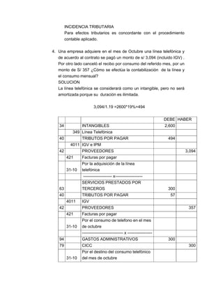 INCIDENCIA TRIBUTARIA
Para efectos tributarios es concordante con el procedimiento
contable aplicado.
4. Una empresa adquiere en el mes de Octubre una línea telefónica y
de acuerdo al contrato se pagó un monto de s/ 3,094 (incluido IGV) .
Por otro lado canceló el recibo por consumo del referido mes, por un
monto de S/ 357 ¿Cómo se efectúa la contabilización de la línea y
el consumo mensual?
SOLUCION
La línea telefónica se considerará como un intangible, pero no será
amortizada porque su duración es ilimitada.
3,094/1.19 =2600*19%=494
DEBE HABER
34 INTANGIBLES 2,600
349 Línea Telefónica
40 TRIBUTOS POR PAGAR 494
4011 IGV e IPM
42 PROVEEDORES 3,094
421 Facturas por pagar
31-10
Por la adquisición de la línea
telefónica
--------------------- x--------------------
63
SERVICIOS PRESTADOS POR
TERCEROS 300
40 TRIBUTOS POR PAGAR 57
4011 IGV
42 PROVEEDORES 357
421 Facturas por pagar
31-10
Por el consumo de telefono en el mes
de octubre
------------------------------ x ------------------
94 GASTOS ADMINISTRATIVOS 300
79 CICC 300
31-10
Por el destino del consumo telefónico
del mes de octubre
 