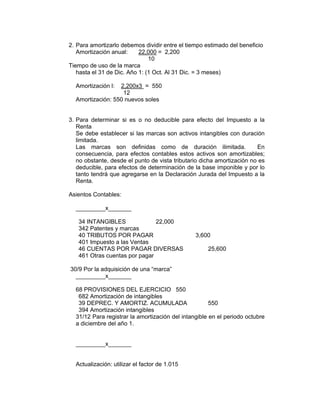2. Para amortizarlo debemos dividir entre el tiempo estimado del beneficio
Amortización anual: 22,000 = 2,200
10
Tiempo de uso de la marca
hasta el 31 de Dic. Año 1: (1 Oct. Al 31 Dic. = 3 meses)
Amortización l: 2,200x3 = 550
12
Amortización: 550 nuevos soles
3. Para determinar si es o no deducible para efecto del Impuesto a la
Renta
Se debe establecer si las marcas son activos intangibles con duración
limitada.
Las marcas son definidas como de duración ilimitada. En
consecuencia, para efectos contables estos activos son amortizables;
no obstante, desde el punto de vista tributario dicha amortización no es
deducible, para efectos de determinación de la base imponible y por lo
tanto tendrá que agregarse en la Declaración Jurada del Impuesto a la
Renta.
Asientos Contables:
_________x_______
34 INTANGIBLES 22,000
342 Patentes y marcas
40 TRIBUTOS POR PAGAR 3,600
401 Impuesto a las Ventas
46 CUENTAS POR PAGAR DIVERSAS 25,600
461 Otras cuentas por pagar
30/9 Por la adquisición de una “marca”
_________x_______
68 PROVISIONES DEL EJERCICIO 550
682 Amortización de intangibles
39 DEPREC. Y AMORTIZ. ACUMULADA 550
394 Amortización intangibles
31/12 Para registrar la amortización del intangible en el periodo octubre
a diciembre del año 1.
_________x_______
Actualización: utilizar el factor de 1.015
 