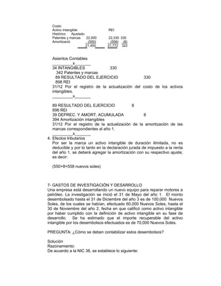 Costo
Activo Intangible REI
Histórico Ajustado
Patentes y marcas 22,000 22,330 330
Amortizació (550) (558) (8)
21,450 21,772 322
Asientos Contables
_________x_______
34 INTANGIBLES 330
342 Patentes y marcas
89 RESULTADO DEL EJERCICIO 330
898 REI
31/12 Por el registro de la actualización del costo de los activos
intangibles.
_________x_______
89 RESULTADO DEL EJERCICIO 8
898 REI
39 DEPREC. Y AMORT. ACUMULADA 8
394 Amortización intangibles
31/12 Por el registro de la actualización de la amortización de las
marcas correspondientes al año 1.
_________x_______
4. Efectos tributarios
Por ser la marca un activo intangible de duración ilimitada, no es
deducible y por lo tanto en la declaración jurada de impuesto a la renta
del año 1, se deberá agregar la amortización con su respectivo ajuste;
es decir:
(550+8=558 nuevos soles)
7- GASTOS DE INVESTIGACIÓN Y DESARROLLO
Una empresa está desarrollando un nuevo equipo para reparar motores a
petróleo. La investigación se inició el 31 de Mayo del año 1. El monto
desembolsado hasta el 31 de Diciembre del año 3 es de 100,000 Nuevos
Soles, de los cuales se habían, efectuado 60,000 Nuevos Soles, hasta el
30 de Noviembre del año 2, fecha en que calificó como activo intangible
por haber cumplido con la definición de activo intangible en su fase de
desarrollo. Se ha estimado que el importe recuperable del activo
intangible por los desembolsos efectuados es de 70,000 Nuevos Soles.
PREGUNTA: ¿Cómo se deben contabilizar estos desembolsos?
Solución
Razonamiento:
De acuerdo a la NIC 38, se establece lo siguiente:
 