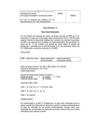 Caso Práctico 2
Valor Neto Realizable
En una fabrica de casacas de cuero, se desea calcular el VNR al 31 de
diciembre, el valor de venta según lista de precios es de S/. 350.00 cada
casaca. Siendo el descuento habitual por unidad a los clientes mayoristas
de 28%. Las casacas son vendidas en cajas especiales, las que tienen un
costo de S/. 11 por unidad. Los gastos de venta según el estado de
ganancias y perdidas por el año terminado al 31 de diciembre fueron de
S/. 75000 para un total de venta de S/. 970000
SOLUCION
VNR = Valor de venta - costos estimados - costos estimados
de terminación necesarios vender
Valor de venta normal = S/. 350 – 28% (350) = S/. 252.00
Costos de terminación = S/. 11.00
(cajas especiales)
Costos estimados para realizar la venta =
Gasto de venta = S/. 75000 = 7.73%
Total de ventas netas S/. 970000
CALCULO DEL VNR
VNR = S/. 252 - S/. 11 - 7.73% (S/. 252)
VNR = S/. 252 - S/. 11 - S/. 19
VNR = S/. 222.00
COMENTARIO
De conformidad a la NIC 2. Existencias, el valor neto realizable solo se
aplica cuando los productos en stock han sufrido una baja considerable en
el valor de mercado en tal sentido determinamos nuestro valor neto
realizable por el estimado de venta del mercado menos todos los costos
estimados para realizar la venta.
-----------------------------2-------------------------
95 Gastos de venta
79 Cargas Imputable a cuenta de costos
x/x por el asiento por destino de la
desvalorización de 100 refrigeradoras
89000
89000
 