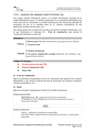 Manual para la catalogación de publicaciones seriadas Fecha de creación: Diciembre 2006
Pág.: 102/125
Euskadiko Liburutegien Sistema Nazionala
Sistema Nacional de Bibliotecas de Euskadi
T774 – ASIENTO DE UNIDAD CONSTITUYENTE (R)
Este campo contiene información relativa a la unidad constituyente asociada con la
unidad bibliográfica mayor. La unidad constituyente es un documento bibliográfico que
forma parte de otro documento. La unidad constituyente está físicamente separada del
documento del que se le considera parte (p. ej., números monográficos de una
publicación seriada, material anejo, etc.).
Este campo genera una visualización asociada muy genérica (Unidad constituyente:), por
lo que utilizaremos el subcampo $i – Texto de visualización, para generar la
visualización adecuada en cada caso.
Indicadores
Primero
0 Genera nota (Indicador más habitual y que aparecerá por defecto)
1 No genera nota
Segundo
# Unidad constituyente
8 No genera visualización asociada (Indicador más habitual y que
aparecerá por defecto)
Códigos de subcampo
$a Encabezamiento principal (NR)
$i Texto de visualización (NR)
$t Título (NR)
$i – Texto de visualización
Bajo este subcampo consignaremos el texto de visualización que aparecerá en el registro
bibliográfico y que variará en función del tipo de documento que tengamos (separatas,
números monográficos, etc.).
$t - Título
Bajo este subcampo consignaremos el título de la unidad constituyente.
Ejemplo formato MARC:
T245 0 0 $a Isturitz $b : cuadernos de prehistoria-arqueología
T774 0 8 $i 8-9 (1997-1998)$t Euskal Herriko Erromanizazioari buruzko 1.
Nazioarteko Solasaldia
Ejemplo visualización:
Isturitz : cuadernos de prehistoria-arqueología
8-9 (1997-1998): Euskal Herriko Erromanizazioari buruzko 1. Nazioarteko
Solasaldia
 