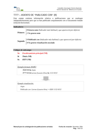 Manual para la catalogación de publicaciones seriadas Fecha de creación: Diciembre 2006
Pág.: 106/125
Euskadiko Liburutegien Sistema Nazionala
Sistema Nacional de Bibliotecas de Euskadi
T777 – ASIENTO DE “PUBLICADO CON” (R)
Este campo contiene información relativa a publicaciones que se catalogan
independientemente pero que se han publicado conjuntamente con el documento tratado
(relación horizontal).
Indicadores
Primero
0 Genera nota (Indicador más habitual y que aparecerá por defecto)
1 No genera nota
Segundo
# Publicado con (Indicador más habitual y que aparecerá por defecto)
8 No genera visualización asociada
Códigos de subcampo
$a Encabezamiento principal (NR)
$t Título (NR)
$x ISSN (NR)
Ejemplo formato MARC:
T245 0 0 $a Argia
T777 0 # $t Larrun (Lasarte-Oria) $x 1132-0532
Ejemplo visualización:
Argia
Publicado con: Larrun (Lasarte-Oria) = ISSN 1132-0532
 