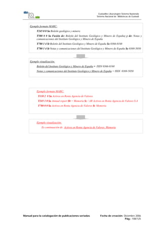 Manual para la catalogación de publicaciones seriadas Fecha de creación: Diciembre 2006
Pág.: 108/125
Euskadiko Liburutegien Sistema Nazionala
Sistema Nacional de Bibliotecas de Euskadi
Ejemplo formato MARC:
T245 0 0 $a Boletín geológico y minero
T580 # # $a Fusión de: Boletín del Instituto Geológico y Minero de España; y de: Notas y
comunicaciones del Instituto Geológico y Minero de España
T780 1 4 $t Boletín del Instituto Geológico y Minero de España $x 0366-0168
T780 1 4 $t Notas y comunicaciones del Instituto Geológico y Minero de España $x 0369-5050
Ejemplo visualización:
Boletín del Instituto Geológico y Minero de España = ISSN 0366-0168
Notas y comunicaciones del Instituto Geológico y Minero de España = ISSN 0369-5050
Ejemplo formato MARC:
T110 2 # $a Activos en Renta Agencia de Valores
T245 1 0 $a Annual report $b = Memoria $c / AR Activos en Renta Agencia de Valores S.A
T780 0 0 $a Activos en Renta Agencia de Valores $t. Memoria
Ejemplo visualización:
Es continuación de: Activos en Renta Agencia de Valores. Memoria
 
