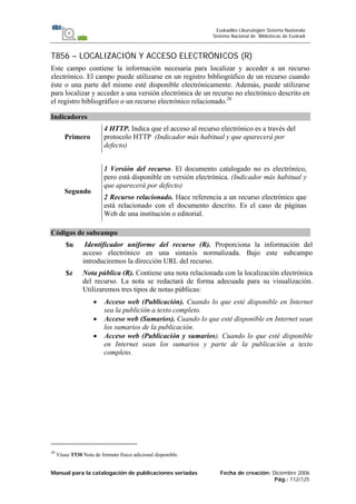 Manual para la catalogación de publicaciones seriadas Fecha de creación: Diciembre 2006
Pág.: 112/125
Euskadiko Liburutegien Sistema Nazionala
Sistema Nacional de Bibliotecas de Euskadi
T856 – LOCALIZACIÓN Y ACCESO ELECTRÓNICOS (R)
Este campo contiene la información necesaria para localizar y acceder a un recurso
electrónico. El campo puede utilizarse en un registro bibliográfico de un recurso cuando
éste o una parte del mismo esté disponible electrónicamente. Además, puede utilizarse
para localizar y acceder a una versión electrónica de un recurso no electrónico descrito en
el registro bibliográfico o un recurso electrónico relacionado.20
Indicadores
Primero
4 HTTP. Indica que el acceso al recurso electrónico es a través del
protocolo HTTP (Indicador más habitual y que aparecerá por
defecto)
Segundo
1 Versión del recurso. El documento catalogado no es electrónico,
pero está disponible en versión electrónica. (Indicador más habitual y
que aparecerá por defecto)
2 Recurso relacionado. Hace referencia a un recurso electrónico que
está relacionado con el documento descrito. Es el caso de páginas
Web de una institución o editorial.
Códigos de subcampo
$u Identificador uniforme del recurso (R). Proporciona la información del
acceso electrónico en una sintaxis normalizada. Bajo este subcampo
introduciremos la dirección URL del recurso.
$z Nota pública (R). Contiene una nota relacionada con la localización electrónica
del recurso. La nota se redactará de forma adecuada para su visualización.
Utilizaremos tres tipos de notas públicas:
• Acceso web (Publicación). Cuando lo que esté disponible en Internet
sea la publición a texto completo.
• Acceso web (Sumarios). Cuando lo que esté disponible en Internet sean
los sumarios de la publicación.
• Acceso web (Publicación y sumarios). Cuando lo que esté disponible
en Internet sean los sumarios y parte de la publicación a texto
completo.
20
Véase T530 Nota de formato físico adicional disponible.
 