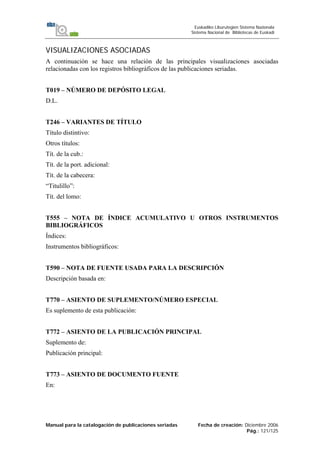Manual para la catalogación de publicaciones seriadas Fecha de creación: Diciembre 2006
Pág.: 121/125
Euskadiko Liburutegien Sistema Nazionala
Sistema Nacional de Bibliotecas de Euskadi
VISUALIZACIONES ASOCIADAS
A continuación se hace una relación de las principales visualizaciones asociadas
relacionadas con los registros bibliográficos de las publicaciones seriadas.
T019 – NÚMERO DE DEPÓSITO LEGAL
D.L.
T246 – VARIANTES DE TÍTULO
Título distintivo:
Otros títulos:
Tít. de la cub.:
Tít. de la port. adicional:
Tít. de la cabecera:
“Titulillo”:
Tít. del lomo:
T555 – NOTA DE ÍNDICE ACUMULATIVO U OTROS INSTRUMENTOS
BIBLIOGRÁFICOS
Índices:
Instrumentos bibliográficos:
T590 – NOTA DE FUENTE USADA PARA LA DESCRIPCIÓN
Descripción basada en:
T770 – ASIENTO DE SUPLEMENTO/NÚMERO ESPECIAL
Es suplemento de esta publicación:
T772 – ASIENTO DE LA PUBLICACIÓN PRINCIPAL
Suplemento de:
Publicación principal:
T773 – ASIENTO DE DOCUMENTO FUENTE
En:
 
