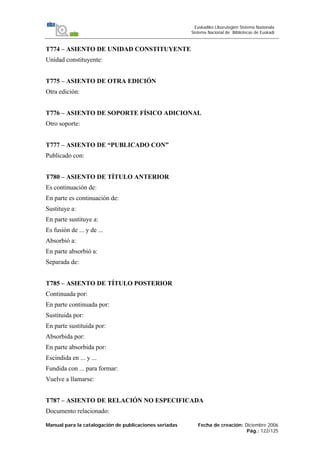 Manual para la catalogación de publicaciones seriadas Fecha de creación: Diciembre 2006
Pág.: 122/125
Euskadiko Liburutegien Sistema Nazionala
Sistema Nacional de Bibliotecas de Euskadi
T774 – ASIENTO DE UNIDAD CONSTITUYENTE
Unidad constituyente:
T775 – ASIENTO DE OTRA EDICIÓN
Otra edición:
T776 – ASIENTO DE SOPORTE FÍSICO ADICIONAL
Otro soporte:
T777 – ASIENTO DE “PUBLICADO CON”
Publicado con:
T780 – ASIENTO DE TÍTULO ANTERIOR
Es continuación de:
En parte es continuación de:
Sustituye a:
En parte sustituye a:
Es fusión de ... y de ...
Absorbió a:
En parte absorbió a:
Separada de:
T785 – ASIENTO DE TÍTULO POSTERIOR
Continuada por:
En parte continuada por:
Sustituida por:
En parte sustituida por:
Absorbida por:
En parte absorbida por:
Escindida en ... y ...
Fundida con ... para formar:
Vuelve a llamarse:
T787 – ASIENTO DE RELACIÓN NO ESPECIFICADA
Documento relacionado:
 