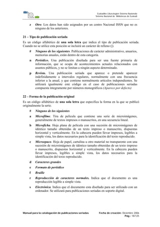 Manual para la catalogación de publicaciones seriadas Fecha de creación: Diciembre 2006
Pág.: 18/125
Euskadiko Liburutegien Sistema Nazionala
Sistema Nacional de Bibliotecas de Euskadi
z Otro. Los datos han sido asignados por un centro Nacional ISSN que no es
ninguno de los anteriores.
21 – Tipo de publicación seriada
Es un código alfabético de una sola letra que indica el tipo de publicación seriada.
Cuando no se utilice esta posición se incluirá un carácter de relleno (|).
# Ninguno de los siguientes. Publicaciones de carácter administrativo, anuarios,
memorias anuales, están dentro de esta categoría.
n Periódico. Una publicación diseñada para ser una fuente primaria de
información, que se ocupa de acontecimientos actuales relacionados con
asuntos públicos, y no se limitan a ningún aspecto determinado.
p Revista. Una publicación seriada que aparece o pretende aparecer
indefinidamente a intervalos regulares, normalmente con una frecuencia
inferior a la anual, y que contiene normalmente artículos independientes. Se
utilizará igualmente este código en el caso de publicaciones seriadas
compuesta íntegramente por números monográficos (Aparece por defecto)
22 – Forma de la publicación original
Es un código alfabético de una sola letra que especifica la forma en la que se publicó
originalmente la serie.
# Ninguno de los siguientes
a Microfilme. Tira de película que contiene una serie de microimágenes,
generalmente de textos impresos o manuscritos, en una secuencia lineal.
b Microficha. Hoja plana de película con una sucesión de microimágenes de
idéntico tamaño obtenidas de un texto impreso o manuscrito, dispuestas
horizontal y verticalmente. En la cabecera pueden llevar impresos, legibles a
simple vista, los datos necesarios para la identificación del texto reproducido.
c Microopaco. Hoja de papel, cartulina u otro material no transparente con una
sucesión de microimágenes de idéntico tamaño obtenidas de un texto impreso
o manuscrito, dispuestas horizontal y verticalmente. En la cabecera pueden
llevar impresos, legibles a simple vista, los datos necesarios para la
identificación del texto reproducido.
d Caracteres grandes
e Formato de periódico
f Braille
r Reproducción de caracteres normales. Indica que el documento es una
reproducción legible a simple vista.
s Electrónica. Indica que el documento esta diseñado para ser utilizado con un
ordenador. Se utilizará para publicaciones seriadas en soporte digital.
 