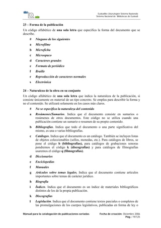 Manual para la catalogación de publicaciones seriadas Fecha de creación: Diciembre 2006
Pág.: 19/125
Euskadiko Liburutegien Sistema Nazionala
Sistema Nacional de Bibliotecas de Euskadi
23 – Forma de la publicación
Un código alfabético de una sola letra que especifica la forma del documento que se
describe.
# Ninguno de los siguientes
a Microfilme
b Microficha
c Microopaco
d Caracteres grandes
e Formato de periódico
f Braille
r Reproducción de caracteres normales
s Electrónica
24 – Naturaleza de la obra en su conjunto
Un código alfabético de una sola letra que indica la naturaleza de la publicación, si
consiste únicamente en material de un tipo concreto. Se emplea para describir la forma y
no el contenido. Se utilizará solamente en los casos más claros.
# No se especifica la naturaleza del contenido
a Resúmenes/Sumarios. Indica que el documento consiste en sumarios o
resúmenes de otros documentos. Este código no se utiliza cuando una
publicación contiene un sumario o resumen de su propio contenido.
b Bibliografías. Indica que todo el documento o una parte significativa del
mismo, es una o varias bibliografías.
c Catálogos. Indica que el documento es un catálogo. También se incluyen listas
de objetos coleccionables (sellos, monedas, etc.). Para catálogos de libros, se
pone el código b (bibliografías), para catálogos de grabaciones sonoras
pondremos el código k (discografías) y para catálogos de filmografías
usaremos el código q (filmografías).
d Diccionarios
e Enciclopedias
f Manuales
g Artículos sobre temas legales. Indica que el documento contiene artículos
importantes sobre temas de carácter jurídico.
h Biografía
i Índices. Indica que el documento es un índice de materiales bibliográficos
distintos de los de la propia publicación.
k Discografías
l Legislación. Indica que el documento contiene textos parciales o completos de
las promulgaciones de los cuerpos legislativos, publicadas en forma de ley o
 