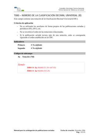 Manual para la catalogación de publicaciones seriadas Fecha de creación: Diciembre 2006
Pág.: 33/125
Euskadiko Liburutegien Sistema Nazionala
Sistema Nacional de Bibliotecas de Euskadi
T080 – NÚMERO DE LA CLASIFICACIÓN DECIMAL UNIVERSAL (R)
Este campo contiene una notación de la Clasificación Decimal Universal (CDU).
Criterios de aplicación
- No se utilizarán los auxiliares de forma propios de las publicaciones seriadas y
periódicas (05), (051), etc.
- No se invertirá el orden de las notaciones relacionadas.
- Si la publicación seriada tuviera más de una notación, estás se consignarán
siguiendo el orden establecido en la CDU.
Indicadores
Primero # No definido
Segundo # No definido
Códigos de subcampo
$a Notación (NR)
Ejemplo:
T080 # # $a 39(460.15/.16+447.95)
T080 # # $a 94(460.152-25)
 