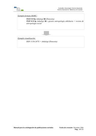 Manual para la catalogación de publicaciones seriadas Fecha de creación: Diciembre 2006
Pág.: 38/125
Euskadiko Liburutegien Sistema Nazionala
Sistema Nacional de Bibliotecas de Euskadi
Ejemplo formato MARC:
T222 # 0 $a Ankulegi $b (Donostia)
T245 0 0 $a Ankulegi $b : gizarte antropologia aldizkaria = revista de
antropología social
Ejemplo visualización:
ISSN 1138-347X = Ankulegi (Donostia)
 