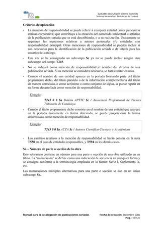 Manual para la catalogación de publicaciones seriadas Fecha de creación: Diciembre 2006
Pág.: 46/125
Euskadiko Liburutegien Sistema Nazionala
Sistema Nacional de Bibliotecas de Euskadi
Criterios de aplicación
- La mención de responsabilidad se puede referir a cualquier entidad (autor personal o
entidad corporativa) que contribuya a la creación del contenido intelectual o artístico
de la publicación seriada que se está describiendo, o a su realización. Únicamente se
requieren las menciones relativas a autores personales y/o entidades con
responsabilidad principal. Otras menciones de responsabilidad se pueden incluir si
son necesarias para la identificación de la publicación seriada o de interés para los
usuarios del catálogo.
- Una vez se ha consignado un subcampo $c ya no se puede incluir ningún otro
subcampo del campo T245.
- No se indicará como mención de responsabilidad el nombre del director de una
publicación seriada. Si su mención se considera necesaria, se hará constar en nota.
- Cuando el nombre de una entidad aparece en la portada formando parte del título
propiamente dicho, del título paralelo o de la información complementaria del título
de manera abreviada, o como acrónimo o como conjunto de siglas, se puede repetir en
su forma desarrollada como mención de responsabilidad.
Ejemplo:
T245 0 0 $a Boletín APTTC $c / Associació Professional de Técnics
Tributaris de Catalunya
- Cuando el título propiamente dicho consiste en el nombre de una entidad que aparece
en la portada únicamente en forma abreviada, se puede proporcionar la forma
desarrollada como mención de responsabilidad.
Ejemplo:
T245 0 0 $a ACTA $c / Autores Científico-Técnicos y Académicos
- Los cambios relativos a la mención de responsabilidad se harán constar en la nota
T550 en el caso de entidades responsables, y T594 en los demás casos.
$n – Número de parte o sección de la obra
Este subcampo contiene un número para una parte o sección de una obra utilizado en un
título. La “numeración” se define como una indicación de secuencia en cualquier forma y
se consigna conforme a la terminología empleada en la fuente: Serie I, Suplemento A,
etc.
Las numeraciones múltiples alternativas para una parte o sección se dan en un único
subcampo $n.
 