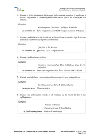 Manual para la catalogación de publicaciones seriadas Fecha de creación: Diciembre 2006
Pág.: 5/125
Euskadiko Liburutegien Sistema Nazionala
Sistema Nacional de Bibliotecas de Euskadi
4. Cuando el título propiamente dicho es un título genérico y cambia el nombre de la
entidad responsable o cuando la publicación seriada pasa a ser editada por otra
entidad.
Ejemplos:
Serie congresos / Sociedad Geológica de España
se convierte en Serie congresos / Sociedad Geológica y Minera de España
5. Cuando cambia la mención de edición y ello conlleva un cambio significativo en
el alcance o cobertura de la publicación seriada.
Ejemplos:
Qué fácil. -- Ed. Bizkaia
se convierte en Qué fácil. -- Ed. Margen Derecha
6. Cuando cambia el soporte físico.
Ejemplos:
Directorio empresarial de Álava (editado en disco de 3½
pulgadas)
se convierte en Directorio empresarial de Álava (editado en CD-ROM)
7. Cuando un título hasta entonces dependiente se convierte en independiente.
Ejemplos:
Revista de ciencias. Serie A, Química básica
se convierte en Química básica
8. Cuando una publicación seriada es el resultado de la fusión de dos o más
publicaciones.
Ejemplos:
Metales no férreos
y Ciencia y técnica de la soldadura
se funden para formar Revista de metalurgia
 