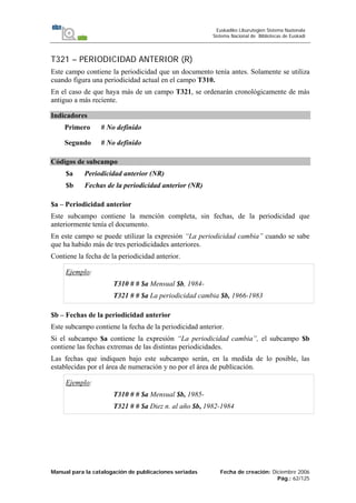 Manual para la catalogación de publicaciones seriadas Fecha de creación: Diciembre 2006
Pág.: 62/125
Euskadiko Liburutegien Sistema Nazionala
Sistema Nacional de Bibliotecas de Euskadi
T321 – PERIODICIDAD ANTERIOR (R)
Este campo contiene la periodicidad que un documento tenía antes. Solamente se utiliza
cuando figura una periodicidad actual en el campo T310.
En el caso de que haya más de un campo T321, se ordenarán cronológicamente de más
antiguo a más reciente.
Indicadores
Primero # No definido
Segundo # No definido
Códigos de subcampo
$a Periodicidad anterior (NR)
$b Fechas de la periodicidad anterior (NR)
$a – Periodicidad anterior
Este subcampo contiene la mención completa, sin fechas, de la periodicidad que
anteriormente tenía el documento.
En este campo se puede utilizar la expresión “La periodicidad cambia” cuando se sabe
que ha habido más de tres periodicidades anteriores.
Contiene la fecha de la periodicidad anterior.
Ejemplo:
T310 # # $a Mensual $b, 1984-
T321 # # $a La periodicidad cambia $b, 1966-1983
$b – Fechas de la periodicidad anterior
Este subcampo contiene la fecha de la periodicidad anterior.
Si el subcampo $a contiene la expresión “La periodicidad cambia”, el subcampo $b
contiene las fechas extremas de las distintas periodicidades.
Las fechas que indiquen bajo este subcampo serán, en la medida de lo posible, las
establecidas por el área de numeración y no por el área de publicación.
Ejemplo:
T310 # # $a Mensual $b, 1985-
T321 # # $a Diez n. al año $b, 1982-1984
 