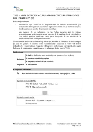 Manual para la catalogación de publicaciones seriadas Fecha de creación: Diciembre 2006
Pág.: 80/125
Euskadiko Liburutegien Sistema Nazionala
Sistema Nacional de Bibliotecas de Euskadi
T555 – NOTA DE ÍNDICE ACUMULATIVO U OTROS INSTRUMENTOS
BIBLIOGRÁFICOS (R)
Este campo contiene:
- información que identifica la disponibilidad de índices acumulativos y/o
instrumentos bibliográficos cuyo único o principal interés sea el material descrito.
Son frecuentes en revistas de contenido científico.
- una mención de los volúmenes y/o las fechas cubiertos por los índices
acumulativos de un documento y una mención de la localización de estos índices.
Los índices pueden publicarse como parte integrante de un número de la
publicación seriada o independientemente.
No se deberán introducir los términos y frases que preceden al contenido de estos campos
ya que los genera el sistema como visualizaciones asociadas al valor del primer
indicador. Se visualizarán en el registro bibliográfico en la lengua correspondiente, según
la lengua de catalogación especificada en el subcampo $b del campo T040.
Indicadores
Primero
# Índices (Indicador más habitual y que aparecerá por defecto)
0 Instrumentos bibliográficos
8 No genera visualización asociada
Segundo # No definido
Códigos de subcampo
$a Nota de índice acumulativo u otros instrumentos bibliográficos (NR)
Ejemplo formato MARC:
T555 # # $a Vol. 1-30 (1935-1950) en v. 31
T555 8 # $a Índices anuales
Ejemplo visualización:
Índices: Vol. 1-30 (1935-1950) en v. 31
Índices anuales
 