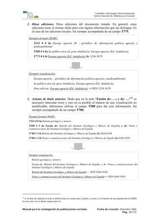 Manual para la catalogación de publicaciones seriadas Fecha de creación: Diciembre 2006
Pág.: 82/125
Euskadiko Liburutegien Sistema Nazionala
Sistema Nacional de Bibliotecas de Euskadi
2. Otras ediciones. Otras ediciones del documento tratado. En general, estas
ediciones tiene el mismo título pero con alguna información que las distingue. Es
el caso de las ediciones locales. Irá siempre acompañada de un campo T775.
Ejemplo formato MARC:
T245 0 0 $a Europa agraria $b : periódico de información política agraria y
medioambiental
T580 # # $a Se publica otra ed. para Andalucía: Europa agraria (Ed. Andalucía)
T775 0 # $t Europa agraria (Ed. Andalucía) $x 1234-5678
Ejemplo visualización:
Europa agraria : periódico de información política agraria y medioambiental
Se publica otra ed. para Andalucía: Europa agraria (Ed. Andalucía)
Otra edición: Europa agraria (Ed. Andalucía) = ISSN 1234-5678
3. Asiento de título anterior. Dado que en la nota “Fusión de: …; y de: …”13
es
necesario intercalar texto y esto no es posible al tratarse de una visualización no
modificable, deberemos utilizar el campo T580 para dar esta información. Irá
siempre acompañado de un campo T780.
Ejemplo formato MARC:
T245 0 0 $a Boletín geológico y minero
T580 # # $a Fusión de: Boletín del Instituto Geológico y Minero de España; y de: Notas y
comunicaciones del Instituto Geológico y Minero de España
T780 1 4 $t Boletín del Instituto Geológico y Minero de España $x 0366-0168
T780 1 4 $t Notas y comunicaciones del Instituto Geológico y Minero de España $x 0369-5050
Ejemplo visualización:
Boletín geológico y minero
Fusión de: Boletín del Instituto Geológico y Minero de España; y de: Notas y comunicaciones del
Instituto Geológico y Minero de España
Boletín del Instituto Geológico y Minero de España = ISSN 0366-0168
Notas y comunicaciones del Instituto Geológico y Minero de España = ISSN 0369-5050
13
A la hora de redactar la nota se deberá tener en cuenta que el punto y coma (;), al tratarse de una puntuación no ISBD
en este caso, no se dejará espacio previo.
 