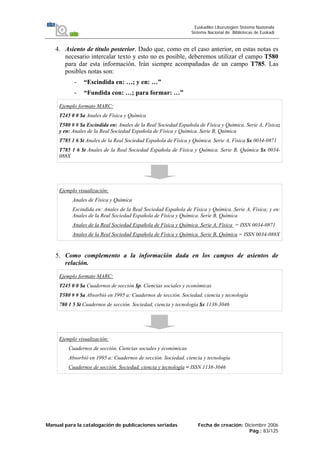 Manual para la catalogación de publicaciones seriadas Fecha de creación: Diciembre 2006
Pág.: 83/125
Euskadiko Liburutegien Sistema Nazionala
Sistema Nacional de Bibliotecas de Euskadi
4. Asiento de título posterior. Dado que, como en el caso anterior, en estas notas es
necesario intercalar texto y esto no es posible, deberemos utilizar el campo T580
para dar esta información. Irán siempre acompañadas de un campo T785. Las
posibles notas son:
- “Escindida en: …; y en: …”
- “Fundida con: …; para formar: …”
Ejemplo formato MARC:
T245 0 0 $a Anales de Física y Química
T580 # # $a Escindida en: Anales de la Real Sociedad Española de Física y Química. Serie A, Física;
y en: Anales de la Real Sociedad Española de Física y Química. Serie B, Química
T785 1 6 $t Anales de la Real Sociedad Española de Física y Química. Serie A, Física $x 0034-0871
T785 1 6 $t Anales de la Real Sociedad Española de Física y Química. Serie B, Química $x 0034-
088X
Ejemplo visualización:
Anales de Física y Química
Escindida en: Anales de la Real Sociedad Española de Física y Química. Serie A, Física; y en:
Anales de la Real Sociedad Española de Física y Química. Serie B, Química
Anales de la Real Sociedad Española de Física y Química. Serie A, Física = ISSN 0034-0871
Anales de la Real Sociedad Española de Física y Química. Serie B, Química = ISSN 0034-088X
5. Como complemento a la información dada en los campos de asientos de
relación.
Ejemplo formato MARC:
T245 0 0 $a Cuadernos de sección $p. Ciencias sociales y económicas
T580 # # $a Absorbió en 1995 a: Cuadernos de sección. Sociedad, ciencia y tecnología
780 1 5 $t Cuadernos de sección. Sociedad, ciencia y tecnología $x 1138-3046
Ejemplo visualización:
Cuadernos de sección. Ciencias sociales y económicas
Absorbió en 1995 a: Cuadernos de sección. Sociedad, ciencia y tecnología
Cuadernos de sección. Sociedad, ciencia y tecnología = ISSN 1138-3046
 