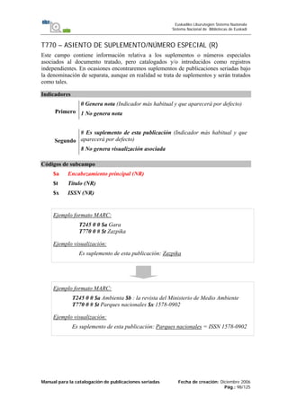 Manual para la catalogación de publicaciones seriadas Fecha de creación: Diciembre 2006
Pág.: 98/125
Euskadiko Liburutegien Sistema Nazionala
Sistema Nacional de Bibliotecas de Euskadi
T770 – ASIENTO DE SUPLEMENTO/NÚMERO ESPECIAL (R)
Este campo contiene información relativa a los suplementos o números especiales
asociados al documento tratado, pero catalogados y/o introducidos como registros
independientes. En ocasiones encontraremos suplementos de publicaciones seriadas bajo
la denominación de separata, aunque en realidad se trata de suplementos y serán tratados
como tales.
Indicadores
Primero
0 Genera nota (Indicador más habitual y que aparecerá por defecto)
1 No genera nota
Segundo
# Es suplemento de esta publicación (Indicador más habitual y que
aparecerá por defecto)
8 No genera visualización asociada
Códigos de subcampo
$a Encabezamiento principal (NR)
$t Título (NR)
$x ISSN (NR)
Ejemplo formato MARC:
T245 0 0 $a Gara
T770 0 # $t Zazpika
Ejemplo visualización:
Es suplemento de esta publicación: Zazpika
Ejemplo formato MARC:
T245 0 0 $a Ambienta $b : la revista del Ministerio de Medio Ambiente
T770 0 # $t Parques nacionales $x 1578-0902
Ejemplo visualización:
Es suplemento de esta publicación: Parques nacionales = ISSN 1578-0902
 